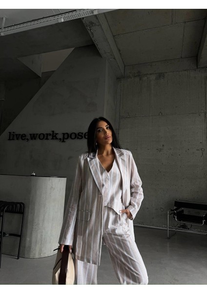 Çizgili Keten Yelek-Pantolon Takım - Bej modelleri