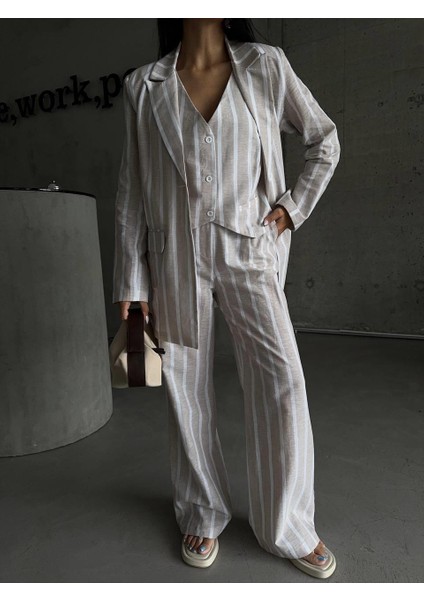 Çizgili Keten Yelek-Pantolon Takım - Bej fırsatları