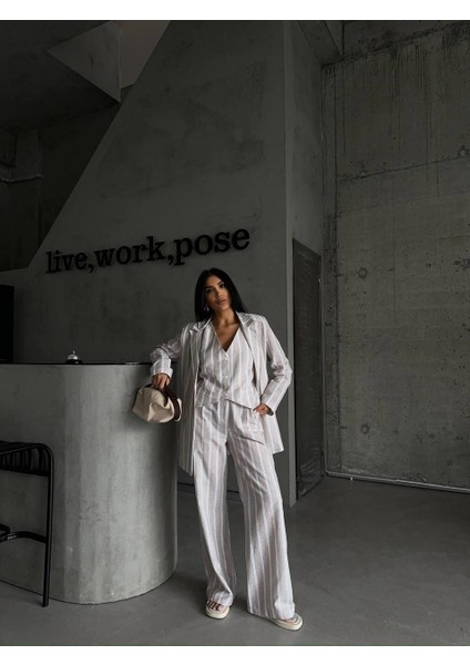 Çizgili Keten Yelek-Pantolon Takım - Bej indirimleri