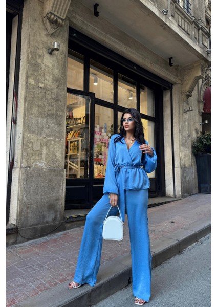 Mavi Saten Kruvaze Bağlamalı Bluz Pantolon Takım fiyatları