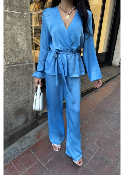Mavi Saten Kruvaze Bağlamalı Bluz Pantolon Takım modelleri
