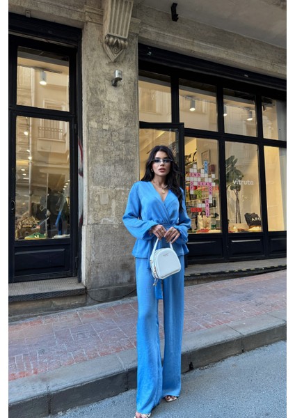 Mavi Saten Kruvaze Bağlamalı Bluz Pantolon Takım fırsatları