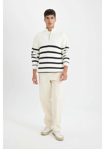 D3274 Standart Fit Dik Yaka Yarım Fermuarlı Çizgili Triko Kazak fiyatları