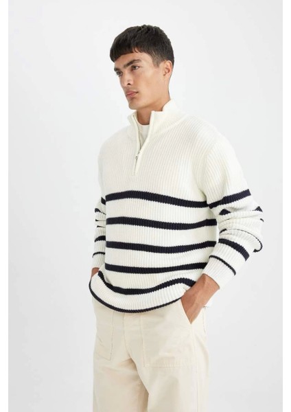 D3274 Standart Fit Dik Yaka Yarım Fermuarlı Çizgili Triko Kazak modelleri