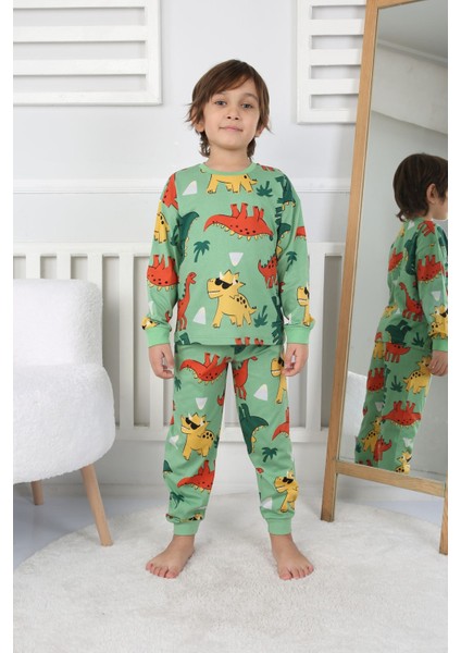 Isob Yeşil Dinozor Desenli %100 Pamuk Erkek Çocuk Pijama Takımı 3-8 Yaş 32232-Y