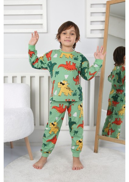 Isob Yeşil Dinozor Desenli %100 Pamuk Erkek Çocuk Pijama Takımı 3-8 Yaş 32232-Y fiyatları