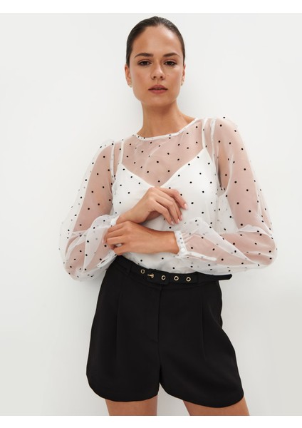 Kadın Bluz/crop Uzun Kol Ayarlanabilir Askılı Tül & Penye Kumaş