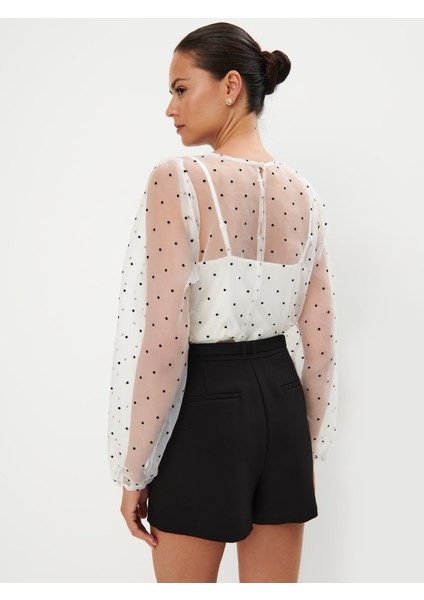 Kadın Bluz/crop Uzun Kol Ayarlanabilir Askılı Tül & Penye Kumaş