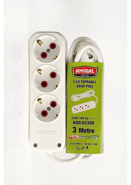 3' Lü Topraklı 3 Metre Kablolu Grup Priz