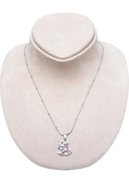 Çelik Kolye Dallı Çiçek Motifli Pembe Kalp Zirkon Taşlı Dorika Zincir Model 40 cm Gümüş (Silver)
