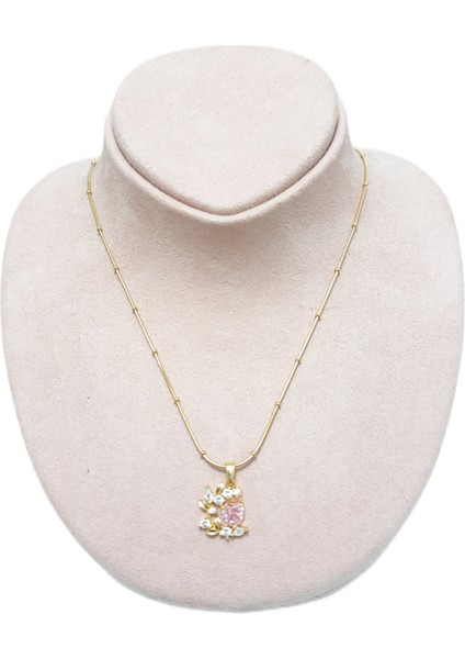 Çelik Kolye Dallı Çiçek Motifli Pembe Kalp Zirkon Taşlı Dorika Model 40 cm Altın Sarısı (Gold)