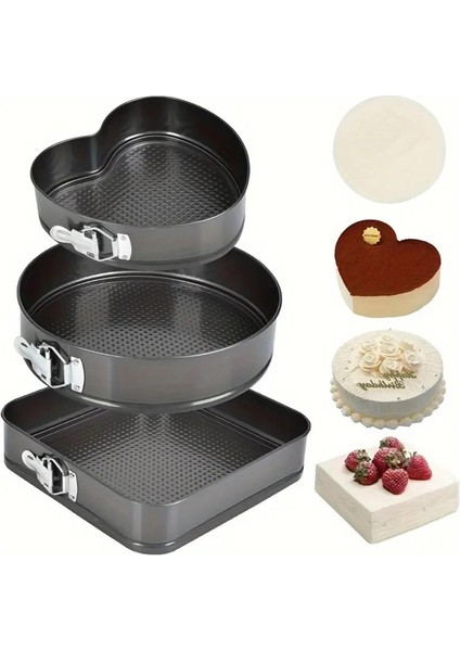 Üç Boy Kelepçeli Kek Kalıbı Seti Kalpli Gri 24CM 22CM 20CM