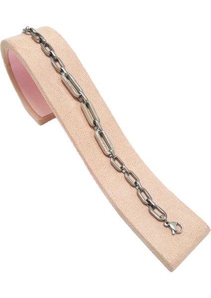 Çelik Bileklik Elips Taşlı Model Kalınlık 0.1 mm Genişlik 0,7 mm 16 cm Ayarlanabilir Gümüş (Silver)