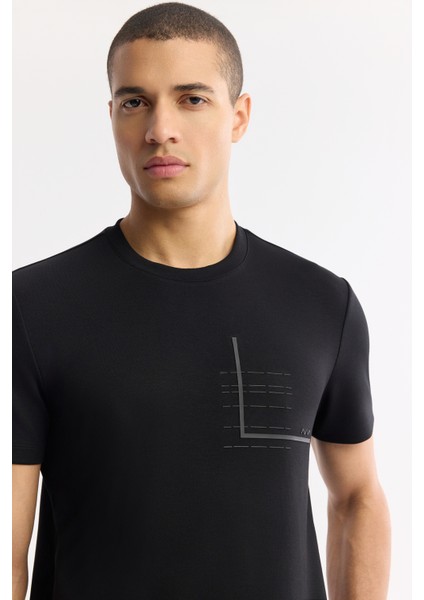 Erkek Siyah Bisiklet Yaka Baskılı Bi Stretch Interlok T-shirt A51y1135