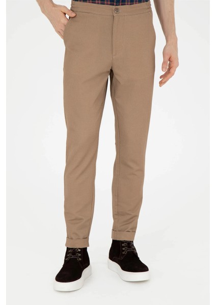 Erkek Kahverengi Pantolon Arka ve Ön Cepli Kemeri Lastikli Gabardin Kumaş (Orj Uspa)