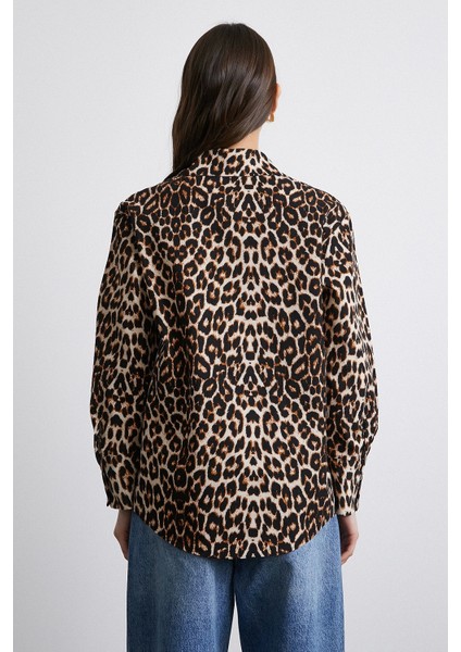 Leopar Desenli Poplin Gömlek Bej