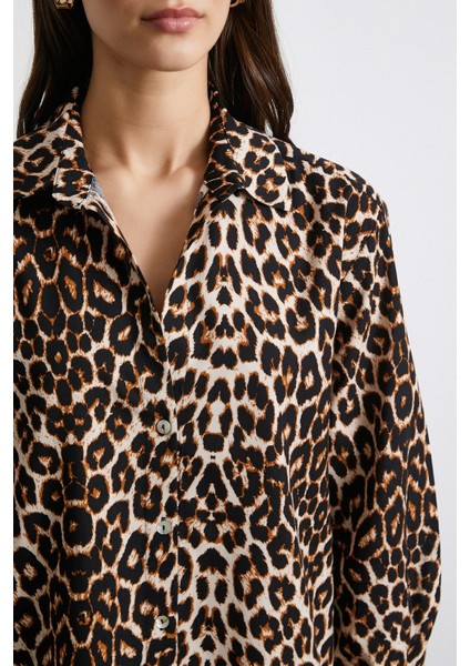 Leopar Desenli Poplin Gömlek Bej