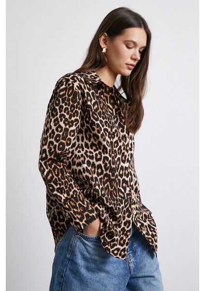 Leopar Desenli Poplin Gömlek Bej