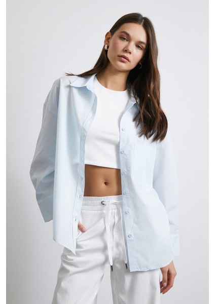 Oversize Pamuklu Gömlek Açık Mavi modelleri