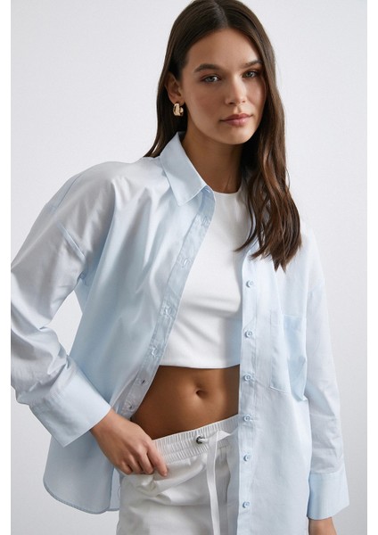Oversize Pamuklu Gömlek Açık Mavi fırsatları