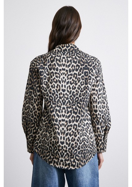 Leopar Desenli Saten Gömlek Bej
