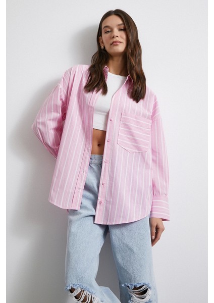 Basic Oxford Çizgili Gömlek Pembe modelleri