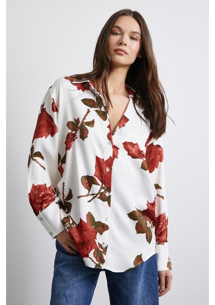 Gül Baskılı Saten Gömlek Beyaz fiyatları