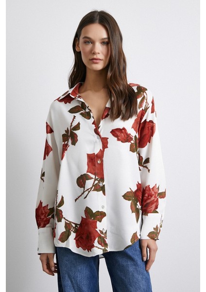 Gül Baskılı Saten Gömlek Beyaz modelleri
