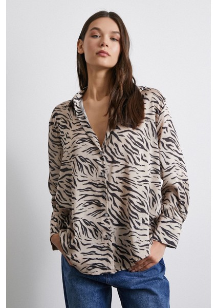Zebra Desen V Yaka Gömlek Taş