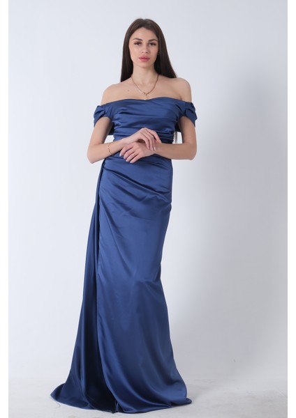 Indigo Drape Detaylı Saten Kumaş Abiye Elbise 9704858.98