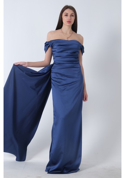 Indigo Drape Detaylı Saten Kumaş Abiye Elbise 9704858.98