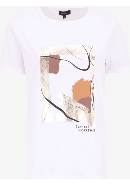 Bisiklet Yaka Baskılı Kırık Beyaz Kadın T-Shirt F5SL-TST0177