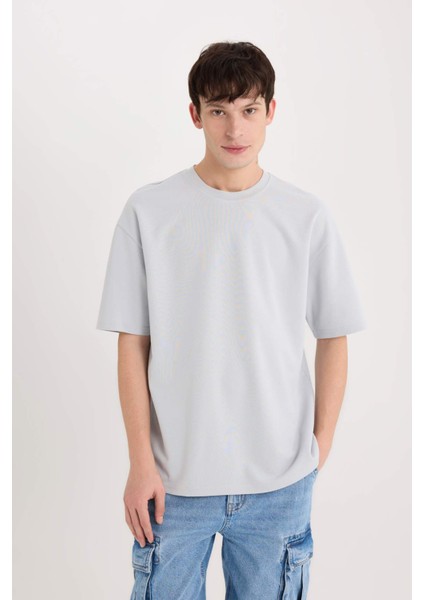 Oversize Geniş Kalıp Ütü Gerektirmeyen Bisiklet Yaka Kısa Kollu Basic Düz Ağır Kumaş Tişört X3926AZ25SP