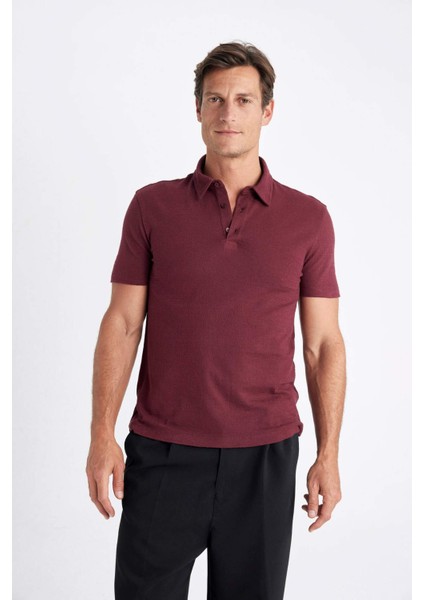Slim Fit Dar Kesim Polo Yaka Kısa Kollu Dokulu Tişört C8573AX24SM