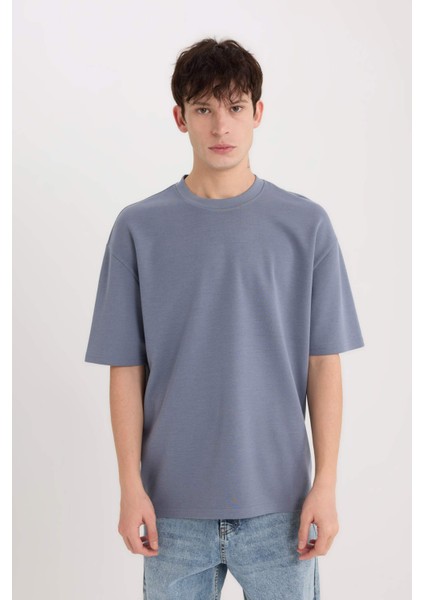 Oversize Geniş Kalıp Ütü Gerektirmeyen Bisiklet Yaka Kısa Kollu Basic Düz Ağır Kumaş Tişört X3926AZ25SP