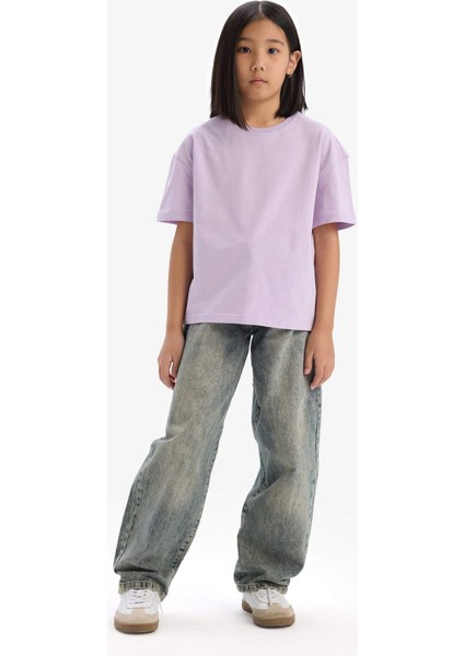 Kız Çocuk Relax Fit Bisiklet Yaka Basic Düz Kısa Kollu Tişört D9099A825SM