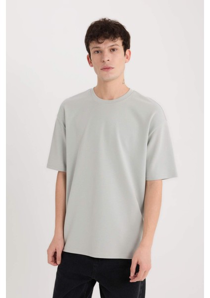 Oversize Geniş Kalıp Ütü Gerektirmeyen Bisiklet Yaka Kısa Kollu Basic Düz Ağır Kumaş Tişört X3926AZ25SP