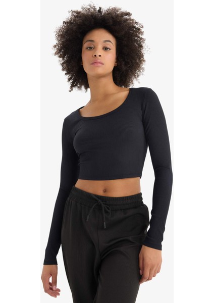 fit Crop Bisiklet Yaka Sporcu Uzun Kollu TIŞÖRT E7282AX24WN