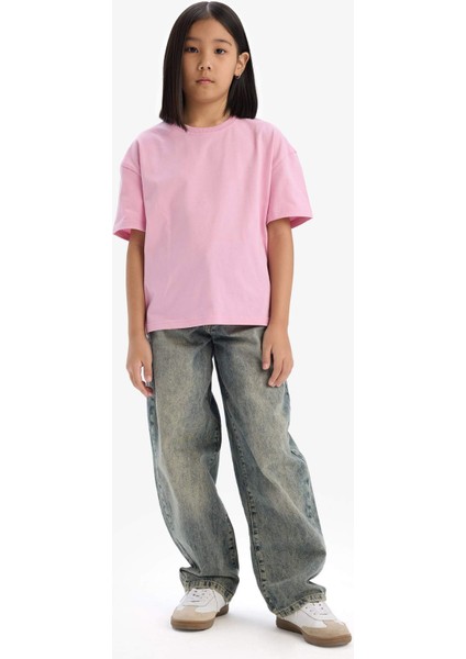 Kız Çocuk Relax Fit Bisiklet Yaka Basic Düz Kısa Kollu Tişört D9099A825SM