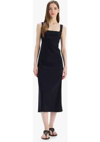 Bodycon Vücudu Saran Basic Düz Kare Yaka Askılı Maxi Elbise C5027AX25SP