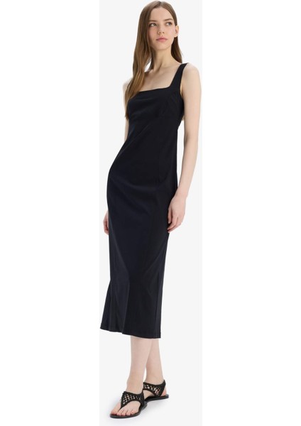Bodycon Vücudu Saran Basic Düz Kare Yaka Askılı Maxi Elbise C5027AX25SP