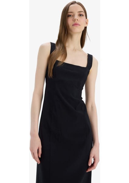 Bodycon Vücudu Saran Basic Düz Kare Yaka Askılı Maxi Elbise C5027AX25SP