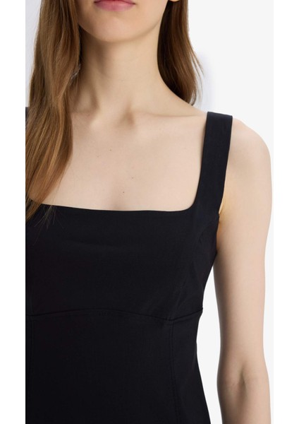 Bodycon Vücudu Saran Basic Düz Kare Yaka Askılı Maxi Elbise C5027AX25SP