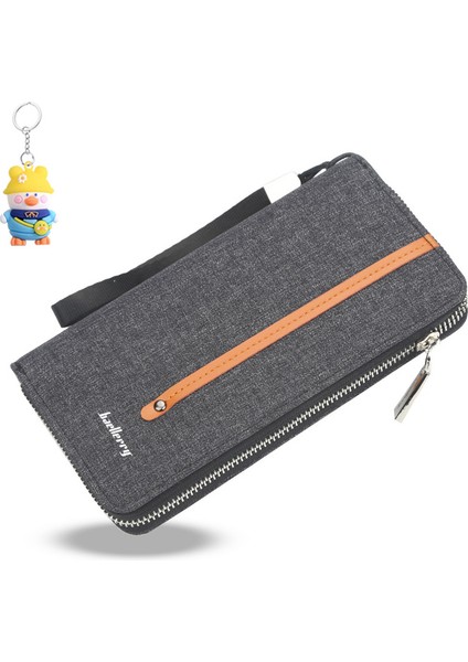 Erkek Cüzdan Uzun Tuval Fermuarlı Cüzdan Gündelik Çoklu Kart Yuvası El Kayışı Clutch (Yurt Dışından)