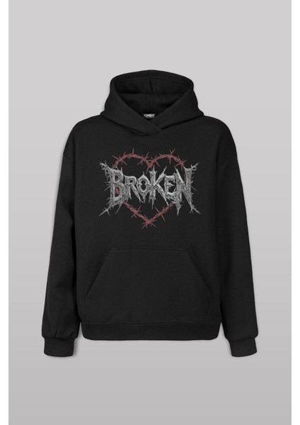 Siyah Sweat Broken Hearts Gothic Y2K Sweet Kapüşonlu Hoodie
