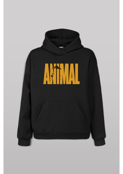 Siyah Sweat Animal Fitness Gym Sporcu Ön Baskılı Sweatshirt Unisex Kapüşonlu Hoodie