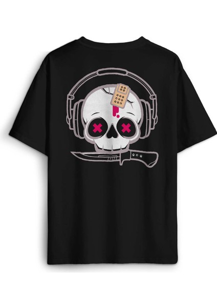 Müzik Dinleyen Kuru Kafa Kulaklık Bıçak Bandı Skull Sırt Ön Baskılı Oversize Tişört Unisex T-Shirt