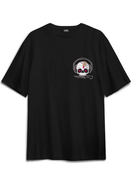 Müzik Dinleyen Kuru Kafa Kulaklık Bıçak Bandı Skull Sırt Ön Baskılı Oversize Tişört Unisex T-Shirt fiyatları