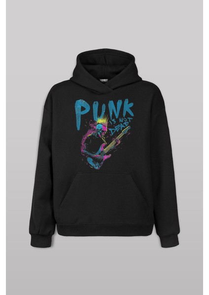 Siyah Sweatshirt Punk Is Not Dead Guitar Mohawk Rock Music Gitar Skeleton Baskılı Hoodie