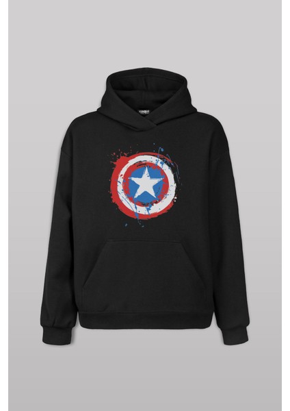 Siyah Sweat Captain America Kaptan Amerika Kalkan Ön Baskılı Sweatshirt Unisex Kapüşonlu Hoodie